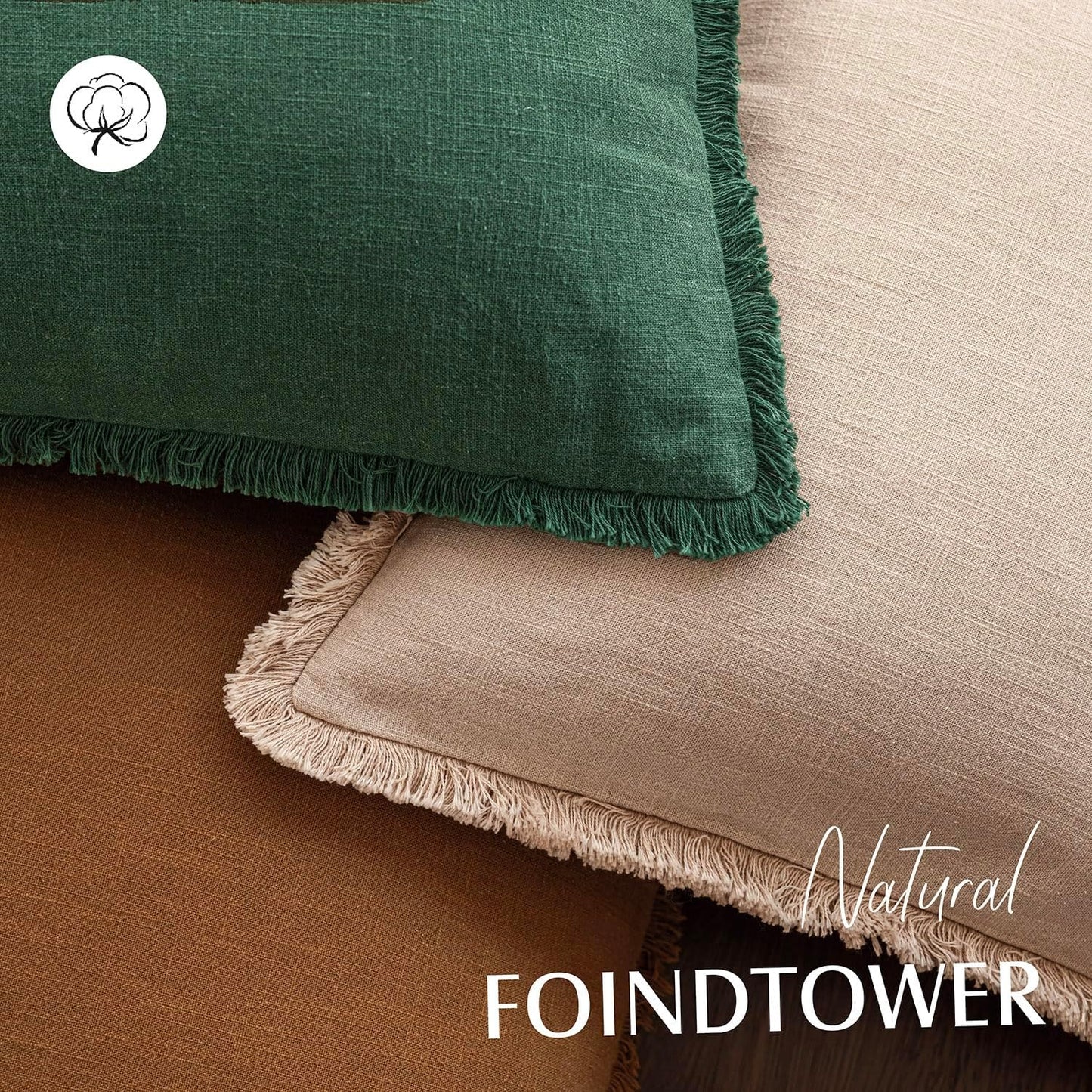 Foindtower Set of 2 Decorative Linen Fringe Throw Pillow Covers Cozy Boho Farmhouse Cushion Cover with Tassels Soft Accent Pillowcase for Couch Sofa Bed Living Room Home Decor, 22×22 Inch, Pine Green