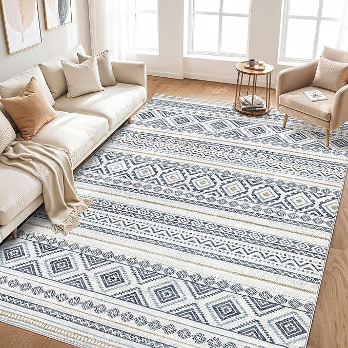 cotiled 5x7 Area Rug Living Room: Washable Boho Rugs with Non Slip Backing Large Soft Indoor Stain Resistant Carpet for Bedroom Farmhouse Dining Room Lightweight Home Decor Blue