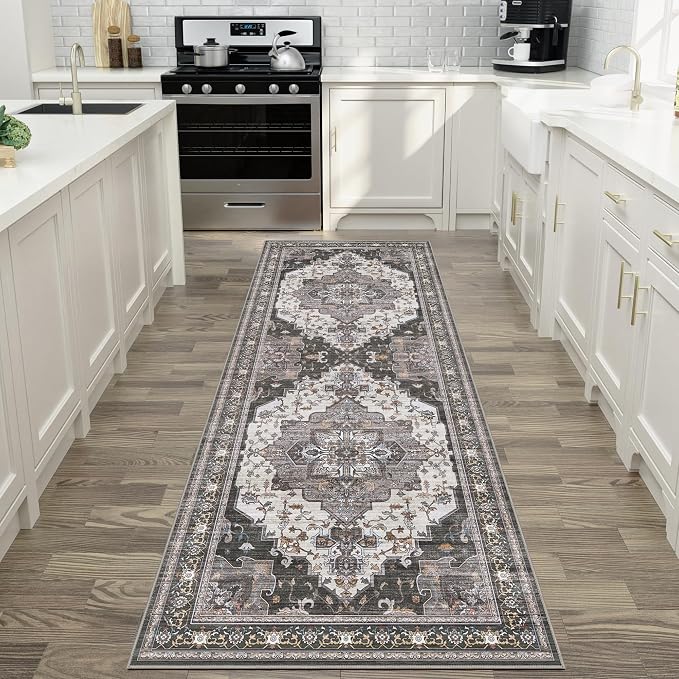 BEIMO Runner Rug for Hallway Kitchen, 2x8 Machine Washable Runners Rug for Entryway, Soft Modern Vintage Boho Throw Rugs, Low Pile Floor Cover with Non Slip Backing, Dark Gray