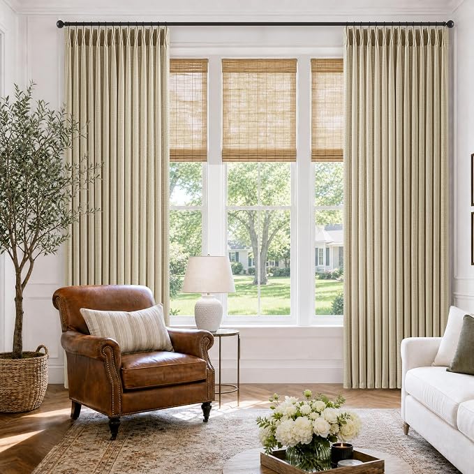 Pinch Pleated Thick Linen Curtains 105 Inch 2 Panels for Bedroom Living Room Oatmeal Semi Sheer Pinch Pleat Drapes with Hooks Rings Boho Cottage Floor to Ceiling Window Curtains 105 Inches Length