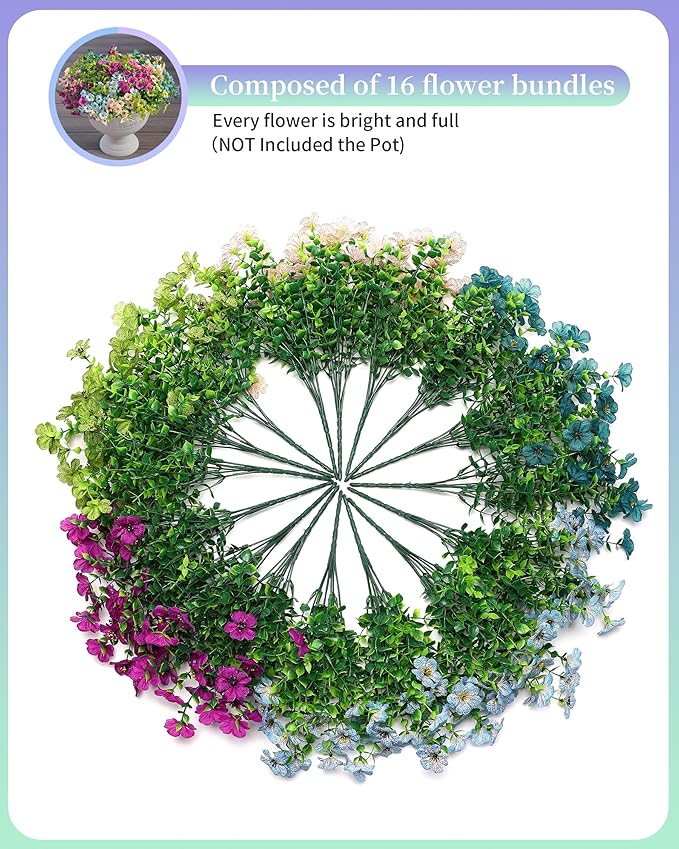 Artificial Flowers for Outdoor Decor, 16 Pack UV-Resistant Fake Colorful Silk Daisy Flowers, Perfect for Spring & Summer Decorating – Front Porch, Patio, Window Boxes, and Potted Plants