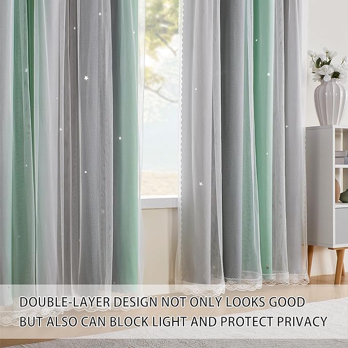 XiDi Green Grey Curtains for Girls Bedroom Decor Kids Blackout Curtains for Nursery Room Darkening Rainbow Princess Unicorn Wall Decals Little Girl Grommet Top 34x63 Inches Long 2 Panels Set