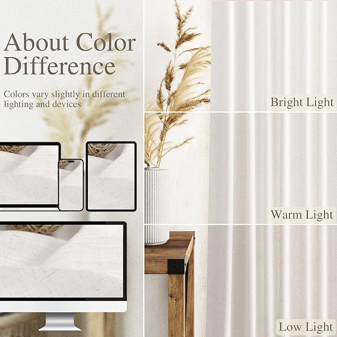 Ivory White Linen Curtains for Living Room 94 Inches Long Light Filtering Semi Sheer Curtain Back Tab Rustic Luxury Neutral Modern Farmhouse Decor Drapes for Bedroom Dinner Room 52x94, 2 Panels