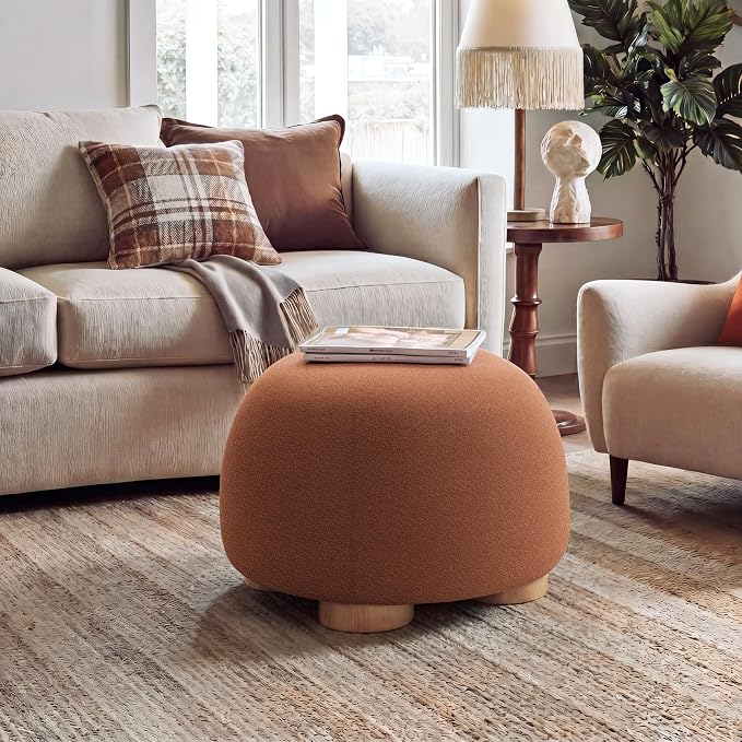 Christopher Knight Home Aria 20.08" Round Fabric Ottoman Stool, Upholstered Footrest with Foam Seat, Modern Accent Ottoman with Wood Legs, Small Footrest for Entryway Living Room, Rust