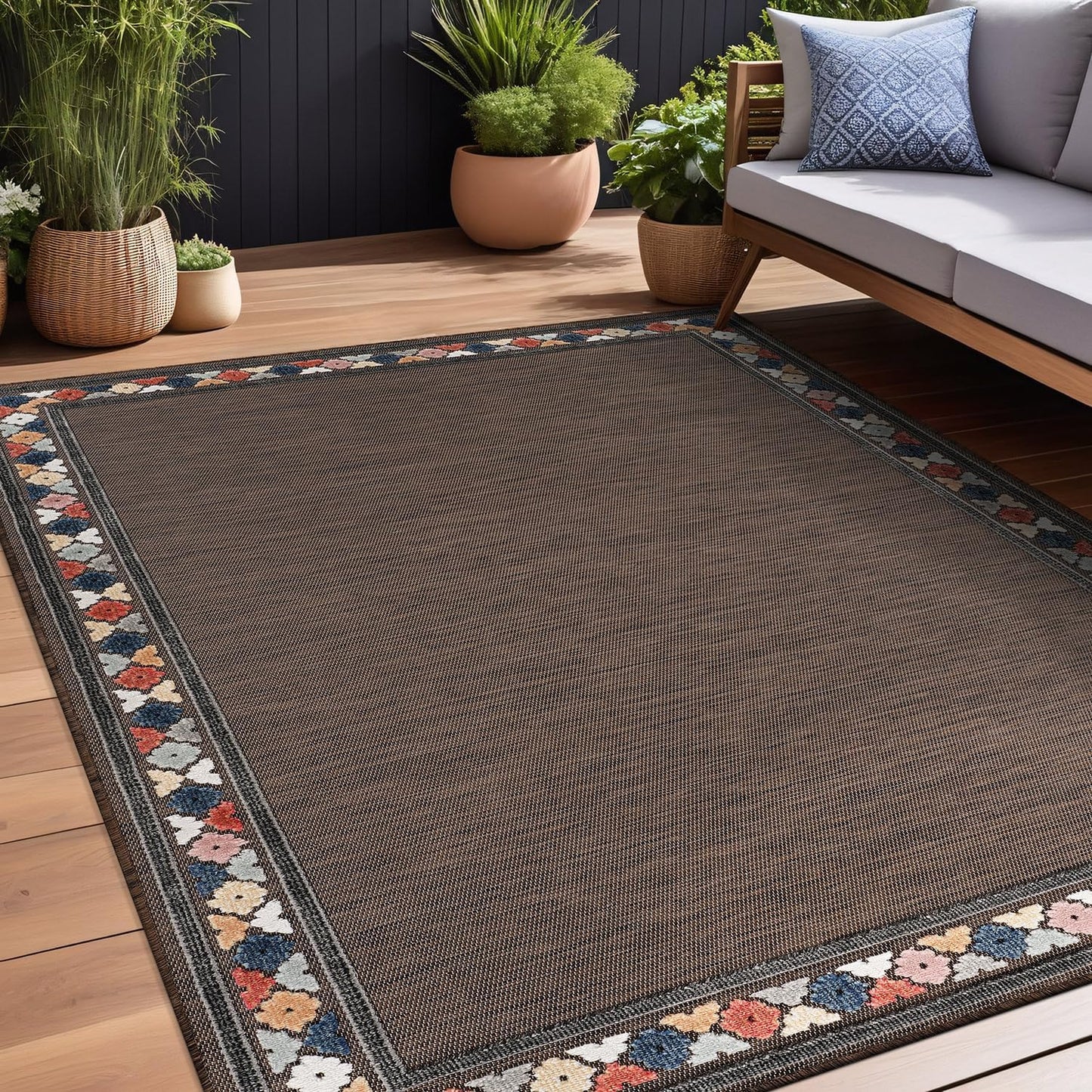 Beverly Rug Outdoor Rug 10x14 Modern Bordered Large Area Rugs for Indoor and Outdoor Patio Easy to Clean Non Shedding Living Room Porch Garden Washable Outside Carpet (10 x 14 Brown)