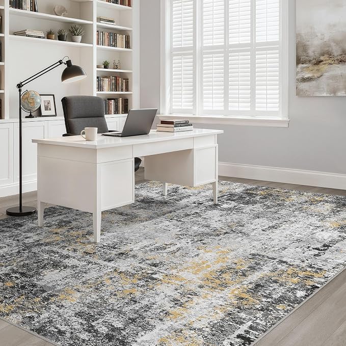 6x9 Area Rugs Living Room: Washable Large Neutral Rug Abstract Soft Modern Stain Resistant Indoor Floor Non-Slip Carpet for Bedroom Nursery Kids Office Playroom Dining Room Under Table- Black Gold