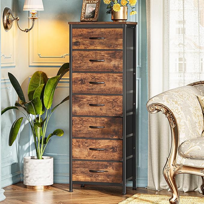 Huuger Tall Dresser for Bedroom, 7 Drawer Dresser & Chests of Drawers, Fabric Drawer for Closet, Bedroom, Night Stand, Metal Frame, Storage Tower with Fabric Bins, Rustic Brown