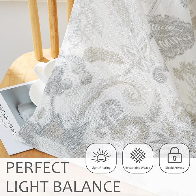 Kayne Studio Floral Leaf Print Light Filtering Curtains Grey Linen Botanical Leaf Flower Farmhouse Drapes Semi Sheer Window Treatment Set for Living Room Bedroom Pinch Pleated BackTab,40"x84",2 Panels