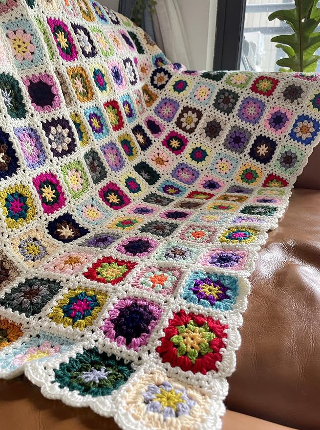 RISEON Handmade Granny Square Crochet Throw Blanket Sweater Style Mat, crochet quilt, multicolor Boho Travel Accent Decor Throw for Sofa Comforter Couch Bed Recliner Living Room Bedroom 47" x47"