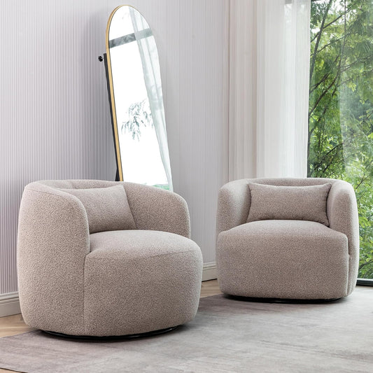 KINWELL 34" Wide Boucle Swivel Barrel Chairs Set of 2, No Assembly Round Upholstered Armchairs Accent Chairs Single Sofa Chair with Toss Pillow for Living Room and Bedroom, Taupe