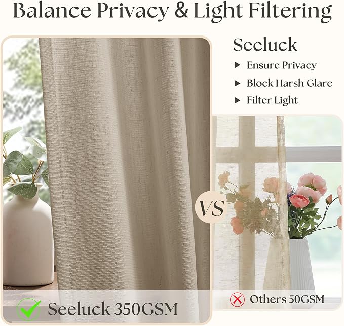 Flax Linen Curtains 108 Inches Long Pinch Pleat for Living Room Dining 2 Panels Tan Khaki Greyish Brown Light Filtering Privacy 108 Inch Pleated Drapes Hooks Rings Back Tab for Sliding Door Bedroom