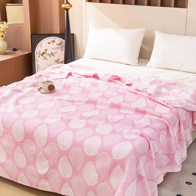 MEJU Leaf Pink Kids Young Girls Muslin Lightweight Blanket for Bed Sofa Couch 100% Combed Cotton 3 Layer Soft Warm Reversible Modern Throw Blanket Bedspread Bed Coverlet Twin 60 in x 80 in