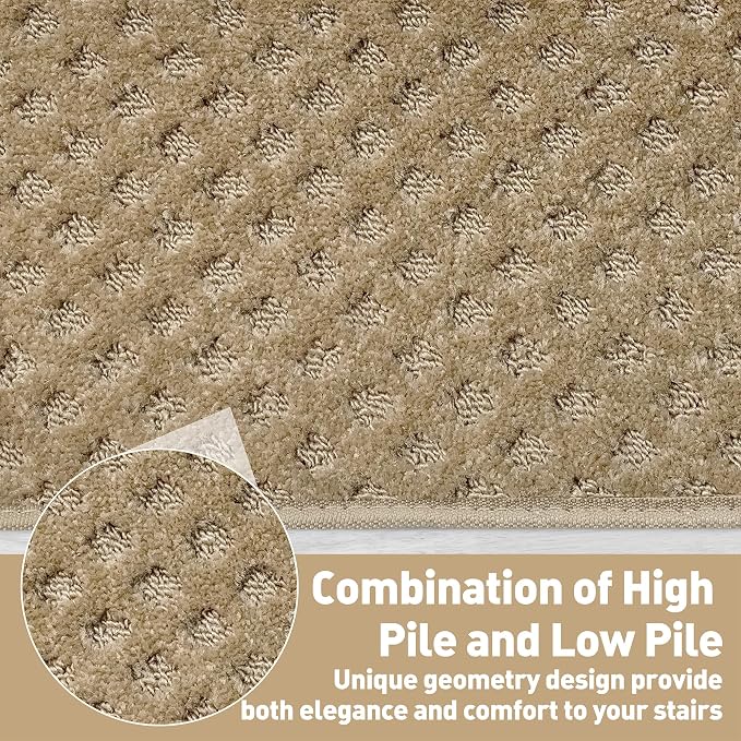 PURE ERA Bullnose Carpet Stair Treads Set Tape Free Non-Slip Indoor Stair Protectors Pet Friendly Rugs 9.5" x 30"(2 Pieces,Khaki Mini-Diamond Trellis)