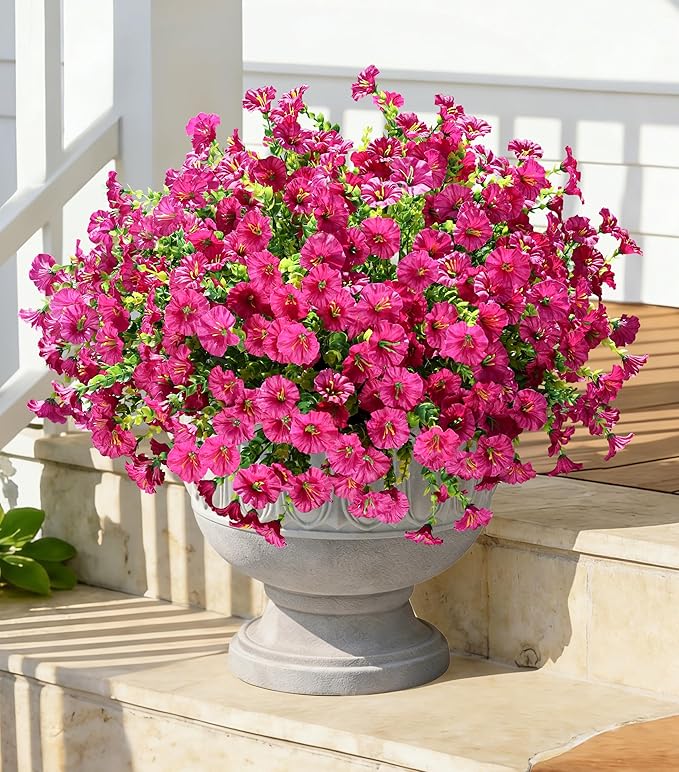 Artificial Flowers Fake Plants for Outdoors Decoration, 12 Bundles Silk Morning Glory with Eucalyptus Realistic UV Resistant Fuchsia Faux Flowers for Outside Planter Yard Patio Garden Home Indoor Urn