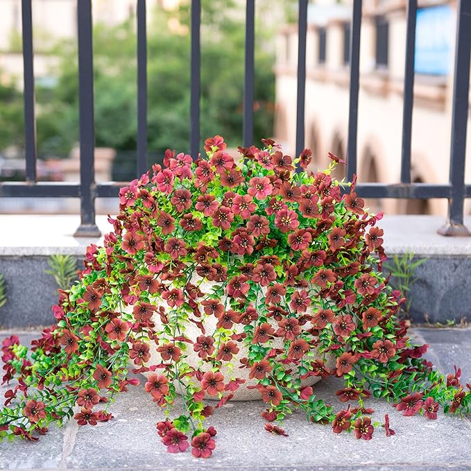 Ammyoo Artificial Mums for Outdoors Fake Hanging Flowers for Decoration, 2 PCS Silk Daisy Flower Realistic Faux Plants UV Resistant for Porch Patio Window Yard Outside Decor(Brown)