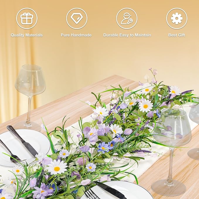 6ft Summer Daisy Garland with Flowers, Faux Daisy and Lavender Flower Garland Artificial with Floral Lanvender for Baby Shower Wedding Mantle Fireplace Table Centerpiece Decor