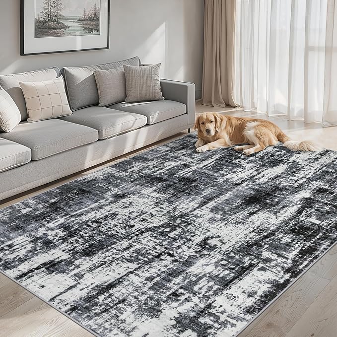 Area Rugs Living Room Rug - 5x7 Washable Modern Abstract Soft Neutral Non-Slip Carpet Large Indoor Floor Thin Carpets for Bedroom Dining Room Farmhouse Nursery Home Office Black