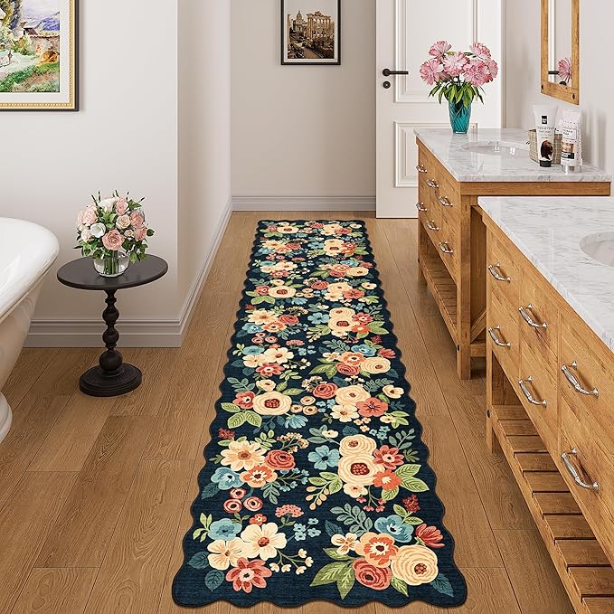 DUKINO 2x8 Washable Runner Rug, Lightweight Soft Floral Hallway Rug Runner with Low Pile Design, Non Shedding & Non Slip Backing Thin Indoor Carpet for Bedroom, Bathroom, Entrance, Kitchen, Navy Blue