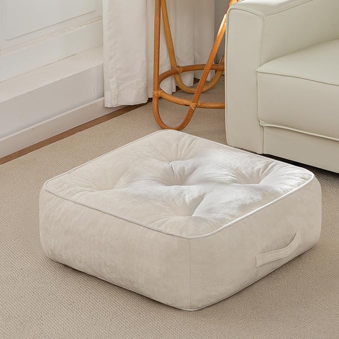 HIGOGOGO 8" Extra Thick Floor Pillow Cushion for Adults, Meditation Cushion Pillow with Handle, Lustrous Chenille Tufted, Square Floor Sitting for Tatami Living Room or Yoga, 22x22 Inch, Beige