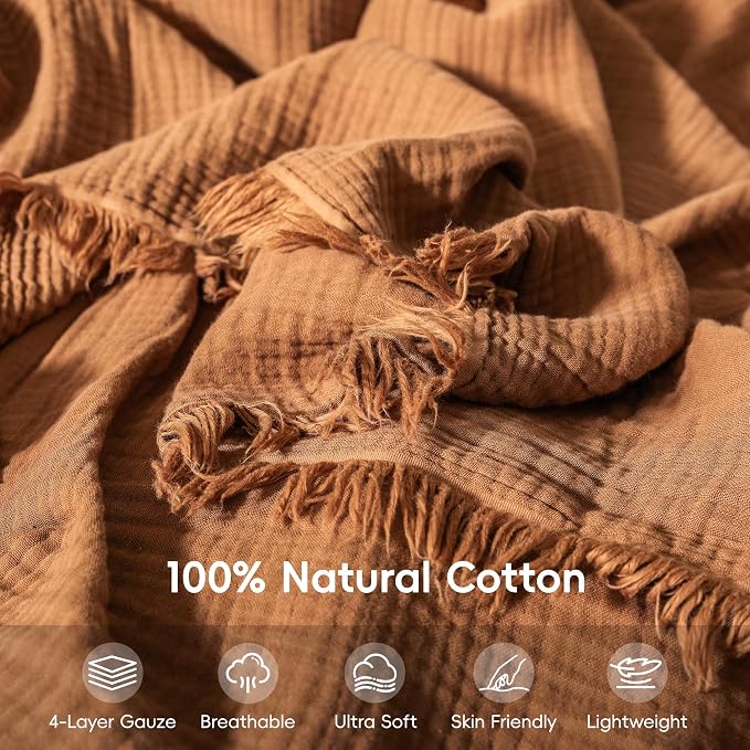 Muslin Fringe Blankets for Adults: 100% Cotton Cloud Soft | 4-Layer Gauze Breathable Lightweight All Season Throw Blanket for Bed Couch Sofa Office