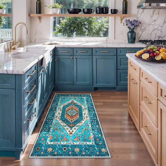 SERISSA 2x4 Boho Rugs for Entryway, Washable Non-Slip Kitchen Runner Rug, Ultra Soft Small Area Rug Vintage Blue Low-Pile Door Mat Indoor Entrance Carpet for Bedroom Hallway Laundry Room