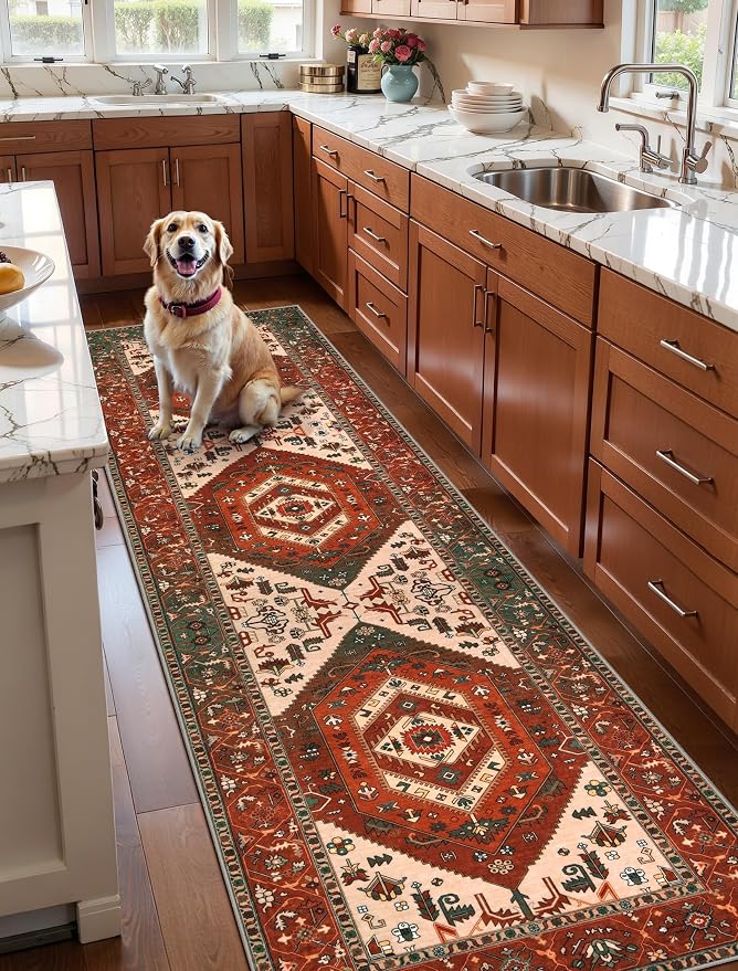 SERISSA Runner Rug for Hallways, 2'6"x8' Washable Non Slip Kitchen Runner Rug, Long Boho Rug Vintage Terracotta Green Hallway Stair Ultra Soft Print Floor Carpet for Bedroom Bathroom Laundry Room