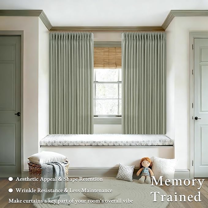 Green Linen Blend 72 Inch Curtains for Bedroom Rustic Pinch Pleat Semi Sheer Window Drapes Light Filtering Privacy Cottage Farmhouse Office Sunroom Cabin Back Tab Sage Viral Pleated Curtains 50x72