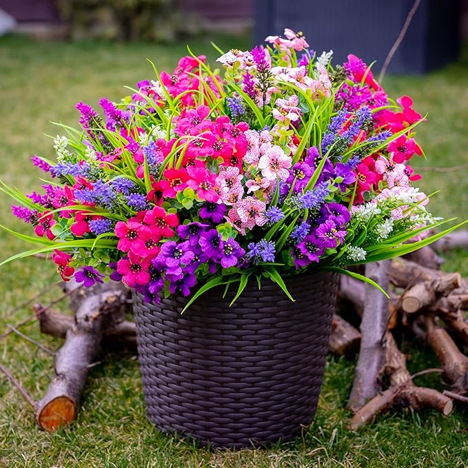 AXYLEX Artificial Flowers Outdoor Shrubs - 16 Bundles Fake Plants UV Resistant No Fade Faux Plastic Greenery Home Garden Porch Patio Decoration Office Indoor (1, Multi-16pcs)