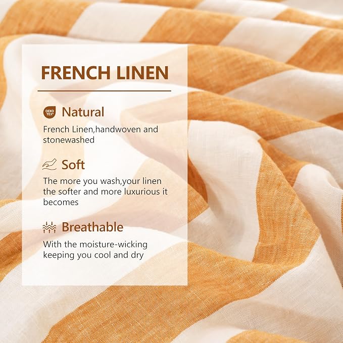 Striped Linen Pillow Cases Set of 2,20"x40" King Size,100% French Natural Flax Soft Linen Pillowcases,Yellow Stripe