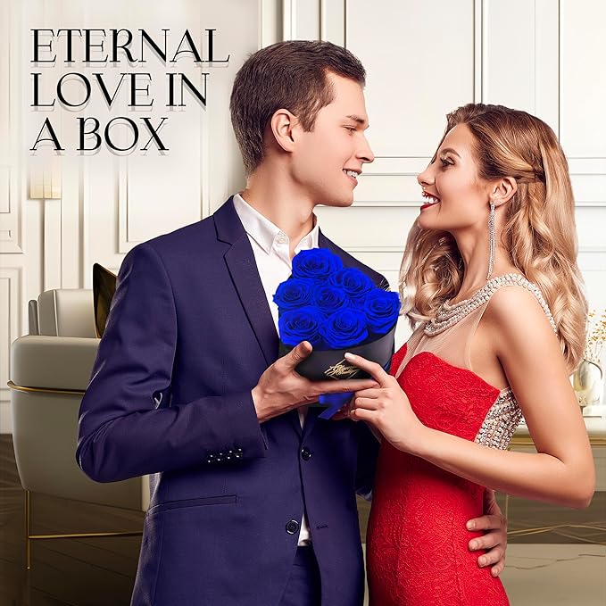 GLAMOUR BOUTIQUE 7 Flower Forever Heart Shape Box, Eternal Preserved Roses Gift for Her, Lasting Flowers, Petite Floral Heart Box for Birthday, Anniversary or Valentine’s Day, Blue (Color-Treated)