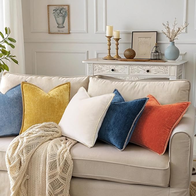 decorUhome Summer Chenille Soft Cozy Throw Pillow Covers 22x22 Set of 2, Modern Farmhouse Boho Velvet Decorative Euro Sham Pillow Cases with Stitched Edge for Couch Sofa Bed Home Decor, Mineral Yellow
