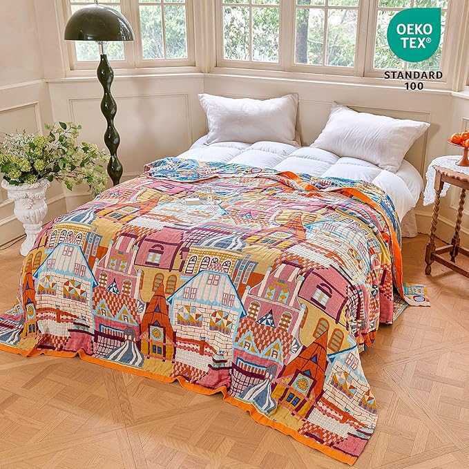 MSGKV Whimsical Roman Castle 100% Cotton Woven Throw Blanket, 50"x60" Colorful & Lightweight&Summer Breathable Art Cartoon Throw Blanket for Couch Bed, Unique Decor for Adult Bedroom, Living Room