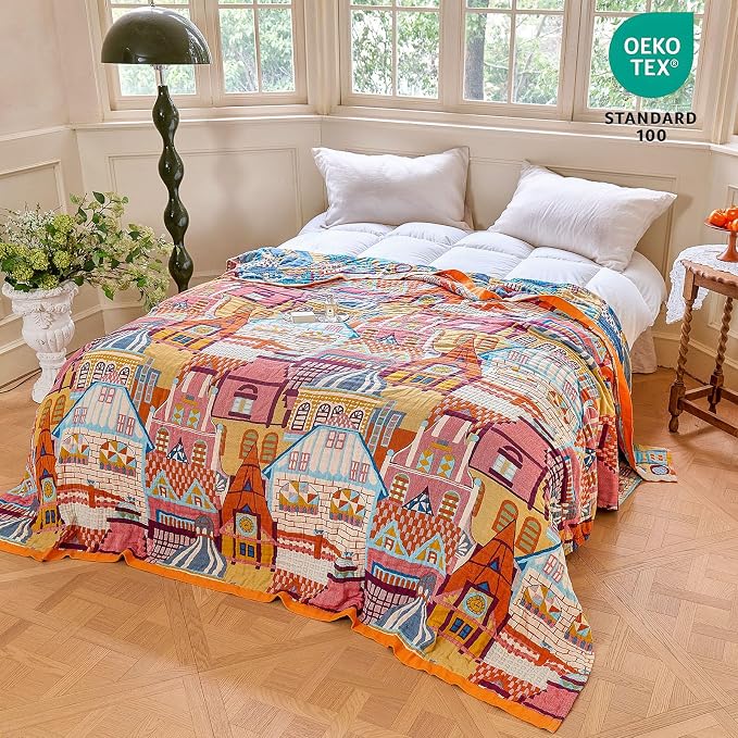 MSGKV Whimsical Roman Castle 100% Cotton Woven Throw Blanket, 60"x80" Twin Bed Blanket 100% Cotton Colorful & Lightweight&Summer Breathable Art Cartoon Throw for Couch, Unique Decor for Bedroom