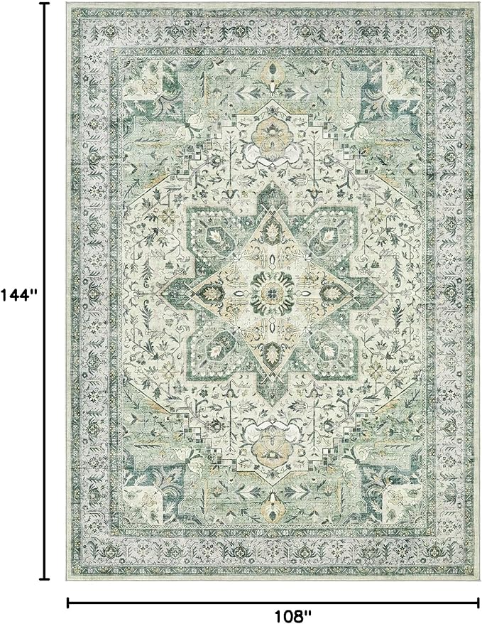 Tortania Area Rug Living Room Rugs - 9x12 Washable Boho Rug Vintage Oriental Distressed Farmhouse Large Thin Indoor Carpet for Living Room Bedroom Under Dining Table Home Office - Green