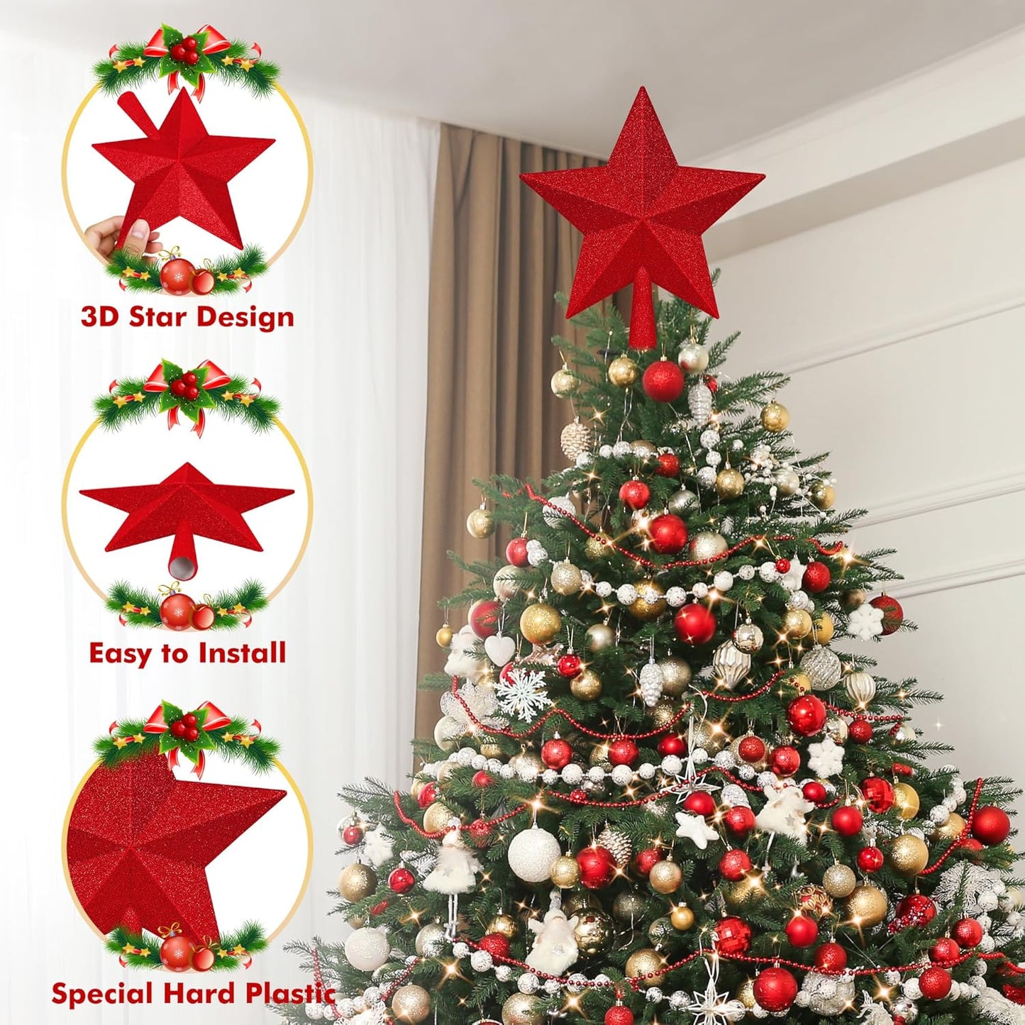Star Tree Topper, 10" Red Christmas Tee Topper Decorations, Glitter 3D Xmas Bethlehem Star Waterproof Shatter-Proof, Christmas Tree Topper Ornament Decor for Christmas Holiday Party Indoor Outdoor