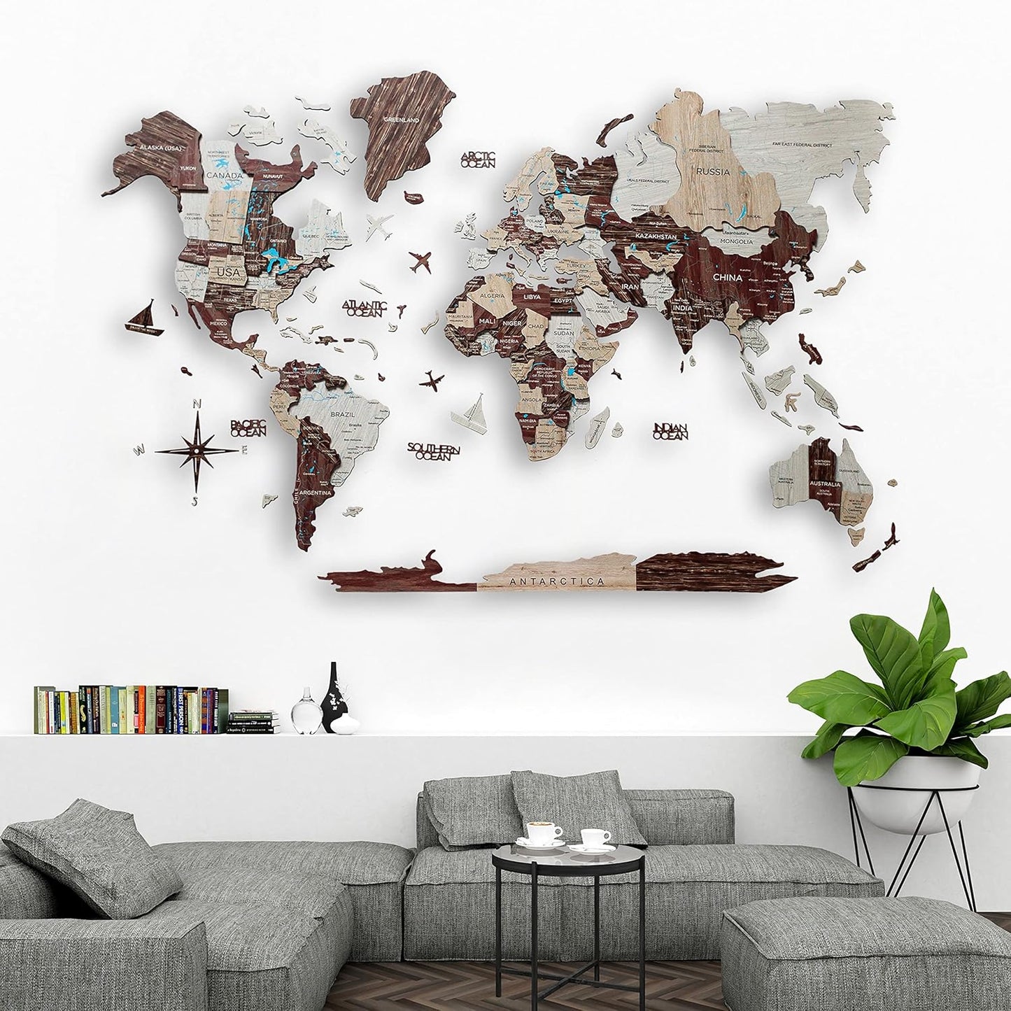 Handmade 3D Wood World Map Wall Art Large Wall Decor Track Your World Travels - Special For Home, Kitchen And Office (Large, Cappuccino)