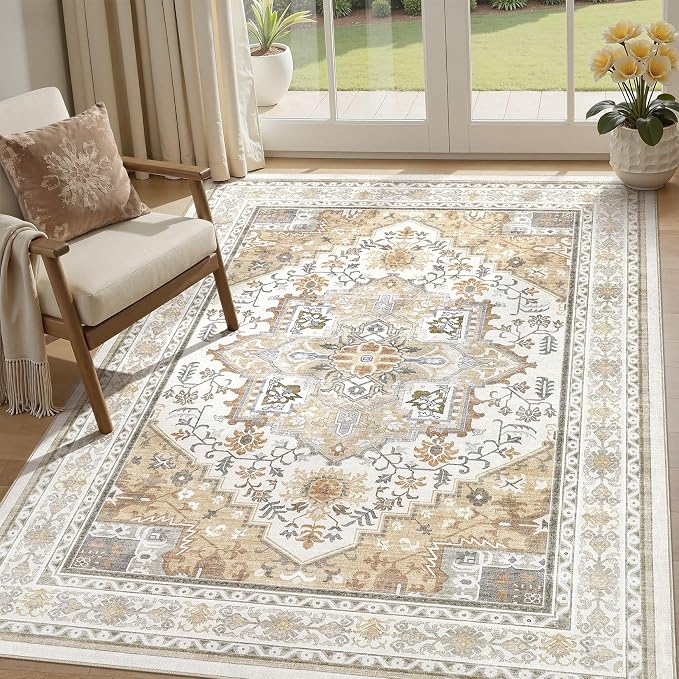 UERMEI 5x7 Area Rug for Living Room - Washable Vintage Carpet, Non-Slip Soft Large Indoor Floor Rugs for Bedroom Home Office & Under Dining Table Decor, Brown Beige