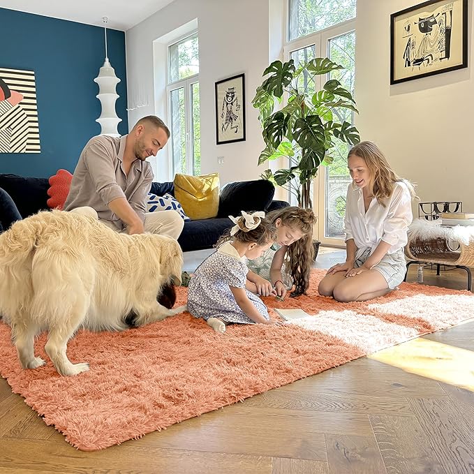OLANLY 9x12 Machine Washable Large Area Rugs for Living Room, Bedroom, Soft Fluffy Shaggy Bedside Rug, Indoor Floor Carpet for Kids Girls and Boys, Dorms, Nursery, Home Decor, Muted Orange