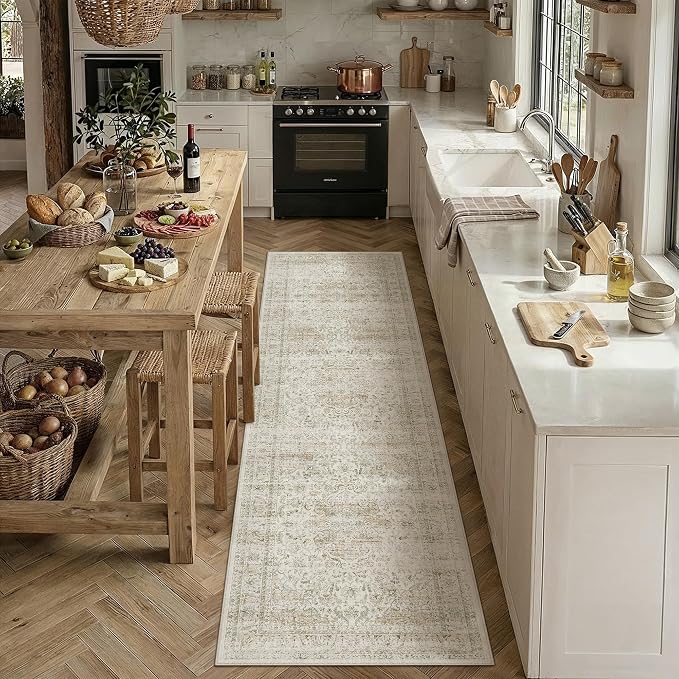 2x8 Washable Runner Rug Beige Vintage Non Slip Soft Low Pile Hallway Kitchen Rug Distressed Oriental Carpet for Laundry Bathroom Bedroom Living Room Home Decor