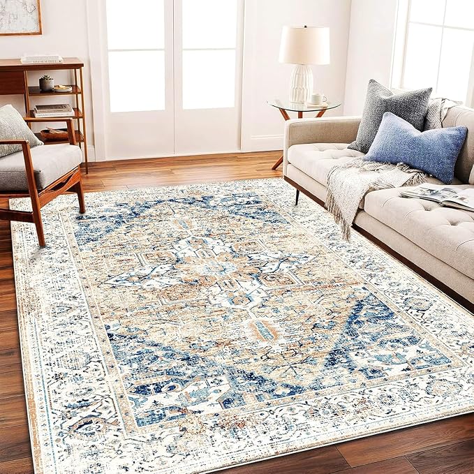 CHAMPLANT Washable Area Rug 10x14 Boho Chic Medallion Distressed Design Non-Shedding Easy Care Ideal for High Traffic Areas in Living Room Bedroom Office Coffee Table Large Carpet