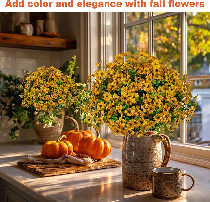 AXYLEX Artificial Fall Flowers for Outdoors Fake Mums - 16 Bundles Faux Plants Outside Greenery Boxwood No Fade Plastic Shrubs Decor Farmhouse Home Garden Thanksgiving (Yellow)