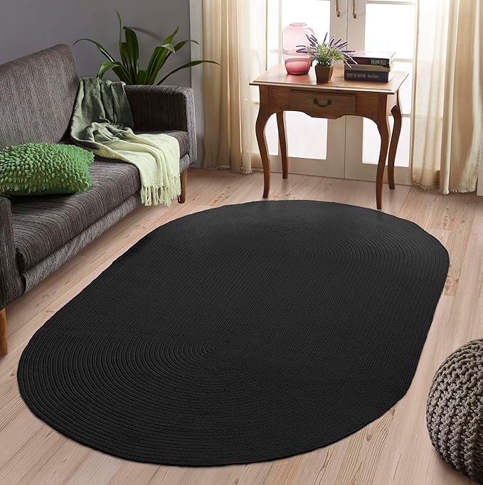 Superior Indoor/ Outdoor Oval Area Rug, Reversible Braided Home Floor Decor for Living Room, Kitchen, Entryway, Patio, Front Porch, Deck, Modern, Boho, Farmhouse Style, 8' x 10', Black
