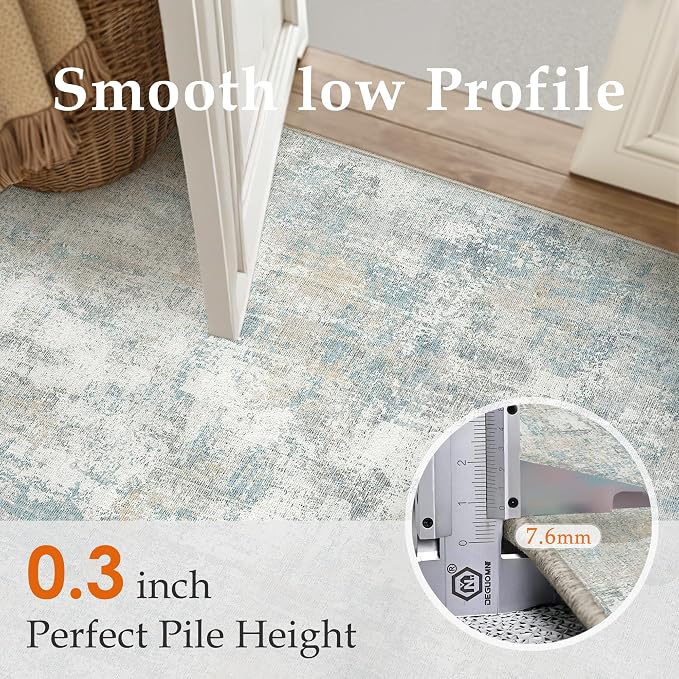 2x12 Washable Runner Rug Blue Cream Abstract Non Slip Soft Low Pile Hallway Kitchen Rug Neutral Modern Carpet for Laundry Bathroom Bedroom Living Room Home Decor