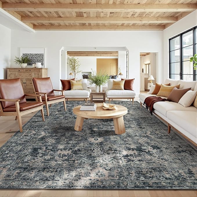 Rugxara 10x14 Area Rugs for Living Room Bedroom, Large Washable Rug, Blue Vintage Retro Boho Rug, Non Slip & Low Pile Faux Wool Thin Carpet for Indoor Dining Room and Kids Room(Blue 10x14ft)