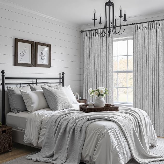 Light Grey Pinch Pleated Semi Sheer Curtains 92 Inches Long 2 Panels Set for Kids Room, Memory Trained Natural Linen Privacy Rustic Curtain with Ceiling Track for Sunroom 90-92 Inch Windows Drapes
