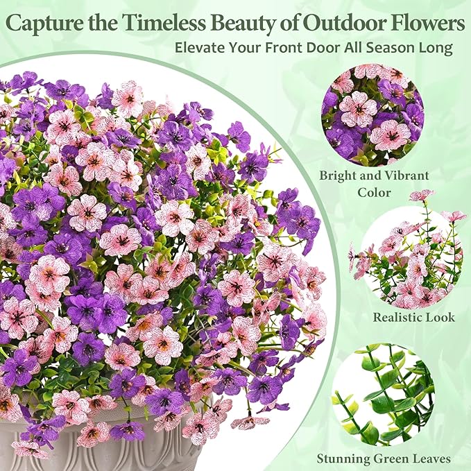 Yastouay 12 Bundles Artificial Flowers for Outdoors, UV Resistant Artificial Outdoor Flowers No Fade Fake Outdoor Flowers Plants for Garden Porch Window Box Farmhouse Pot Planters Decor (Fuchsia+Pink)