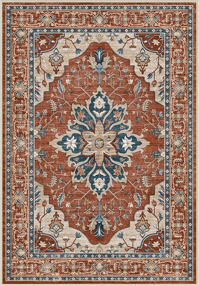 RELEANY Area Rugs Round 8ft Washable Non-Slip, Floral Vintage Distress Print Pattern Medallion Carpet for Living Room Bedroom Dining Room, Red Orange Blue Brown