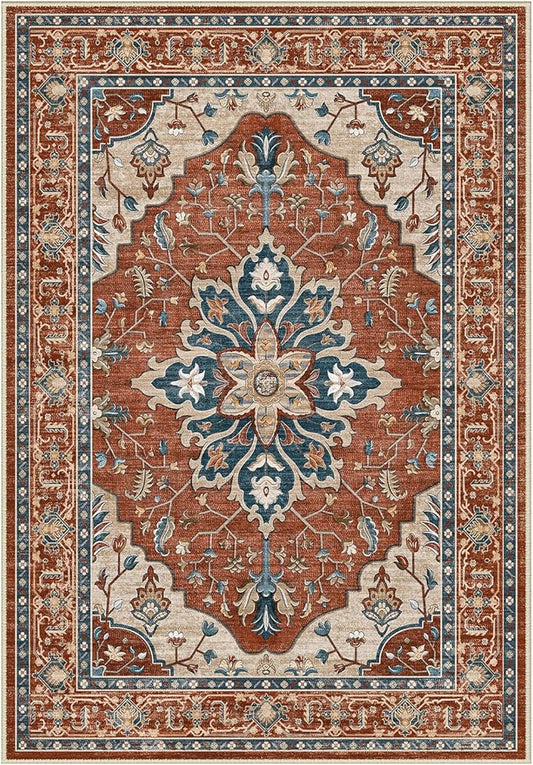 RELEANY Area Rugs Round 8ft Washable Non-Slip, Floral Vintage Distress Print Pattern Medallion Carpet for Living Room Bedroom Dining Room, Red Orange Blue Brown