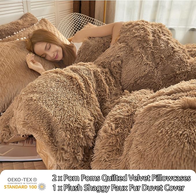 LIFEREVO Luxury Plush Shaggy Duvet Cover Set, Ultra Soft Fluffy Furry Duvet Cover Set(1 Faux Fur Fuzzy Comforter Cover + 2 Quilted Velvet Pom Poms Pillowcases)Bedding Set, Zipper Closure(King, Camel)
