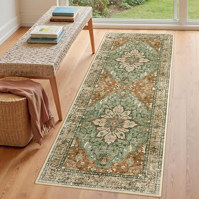 RELEANY Area Rugs 3'x8' Runner Rug Non Slip Washable for Kitchen Hallway Bedroom Beside Laundry Room Bathroom Rug, Floor Carpet, Brick Red Rust Neutral Brown Burnt Orange Green